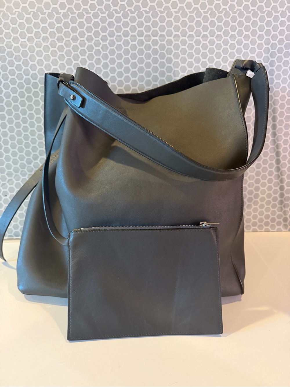 All Saints Classic gray  Leather Tote with Zip Pouch